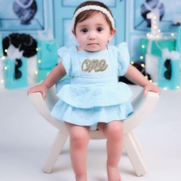 Alice First Birthday Romper Outfit Clothes Dress Jumpsuit Easter Teal Blue